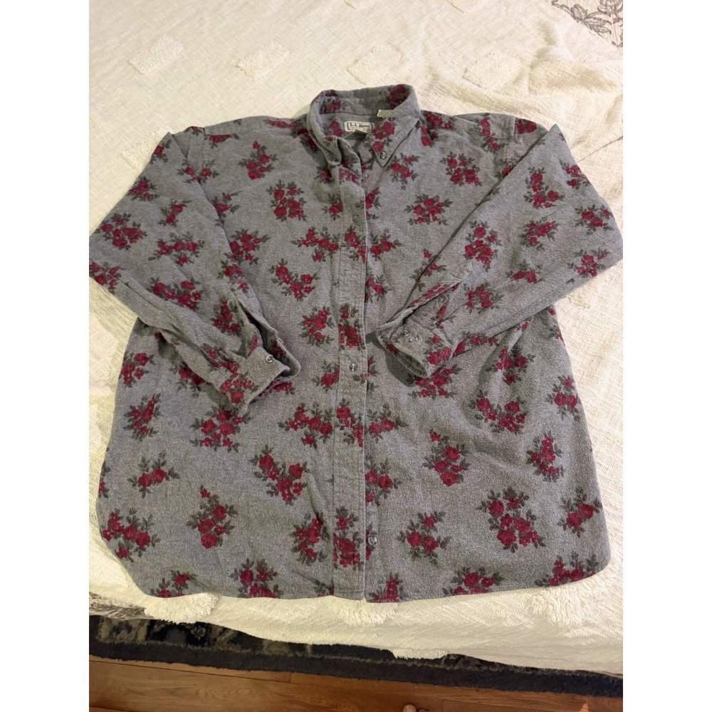 LL Bean Womens Vintage Floral Chamois Floral Button Up Shirt XL Gray 100% Cotton
